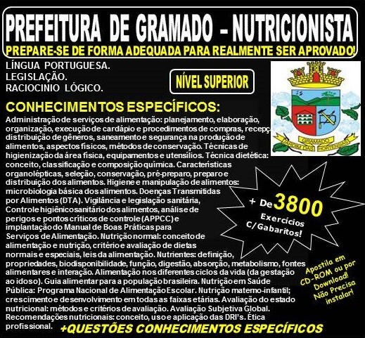 Apostila PREFEITURA de GRAMADO - NUTRICIONISTA - Teoria + 3.800 Exercícios - Concurso 2018