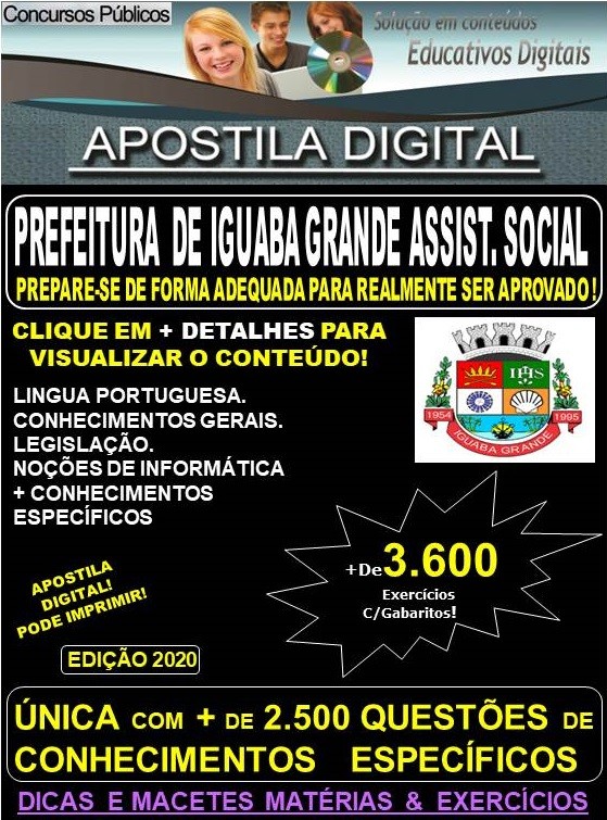 Apostila Prefeitura de Iguaba Grande RJ - ASSISTENTE SOCIAL - Teoria + 3.600 exercícios - Concurso 2020