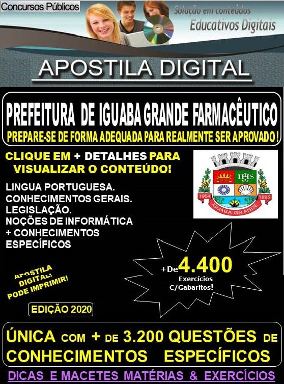 Apostila Prefeitura de Iguaba Grande RJ - FARMACÊUTICO - Teoria + 4.400 exercícios - Concurso 2020