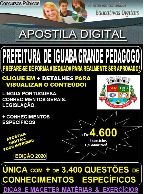 Apostila Prefeitura de Iguaba Grande RJ - PEDAGOGO - Teoria + 4.600 exercícios - Concurso 2020