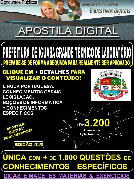 Apostila Prefeitura de Iguaba Grande RJ - TÉCNICO DE LABORATÓRIO - Teoria + 3.200 exercícios - Concurso 2020