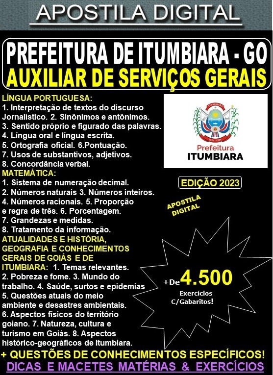 Apostila Prefeitura de ITUMBIARA - AUXILIAR de SERVIÇOS GERAIS - Teoria + 4.500 Exercícios - Concurso 2023