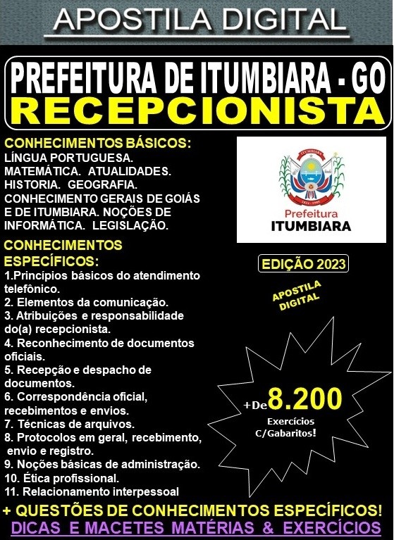 Apostila Prefeitura de ITUMBIARA - RECEPCIONISTA - Teoria + 8.200 Exercícios - Concurso 2023