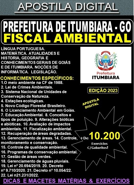 Apostila Prefeitura de ITUMBIARA - FISCAL AMBIENTAL - Teoria + 10.200 Exercícios - Concurso 2023