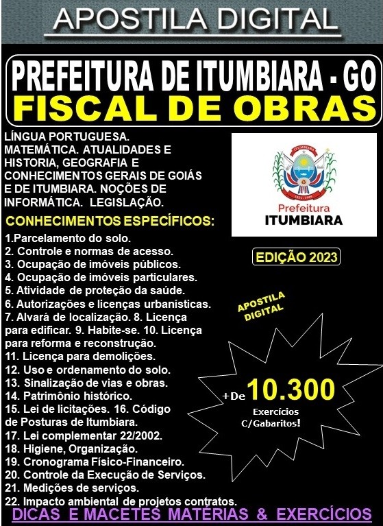 Apostila Prefeitura de ITUMBIARA - FISCAL de OBRAS - Teoria + 10.300 Exercícios - Concurso 2023