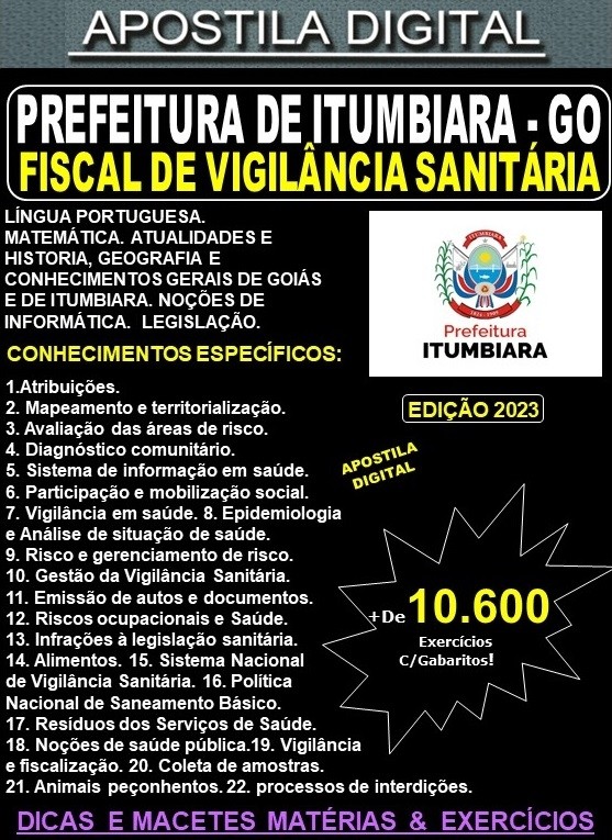 Apostila Prefeitura de ITUMBIARA - FISCAL de VIGILÂNICA SANITÁRIA - Teoria + 10.600 Exercícios - Concurso 2023