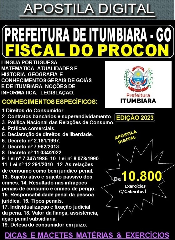 Apostila Prefeitura de ITUMBIARA - FISCAL do PROCON - Teoria + 10.800 Exercícios - Concurso 2023