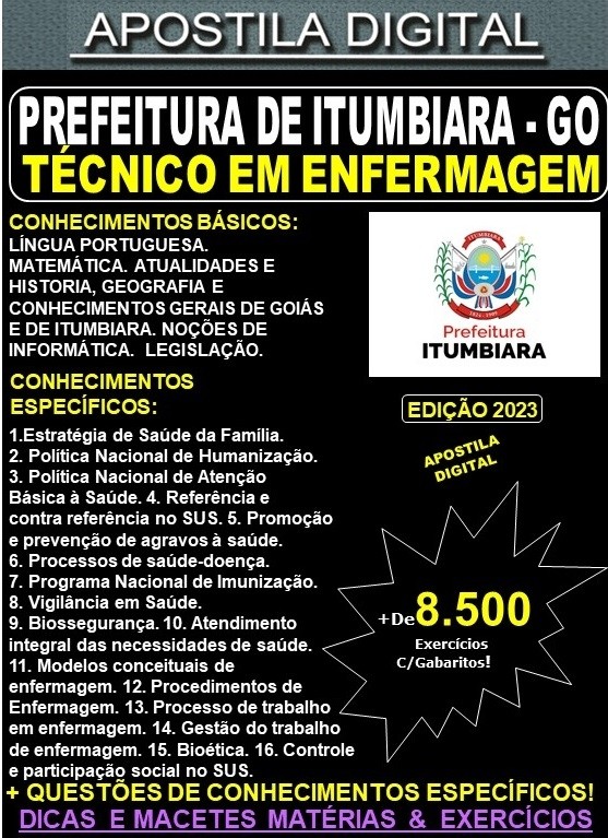 Apostila Prefeitura de ITUMBIARA - TÉCNICO em ENFERMAGEM - Teoria + 8.500 Exercícios - Concurso 2023