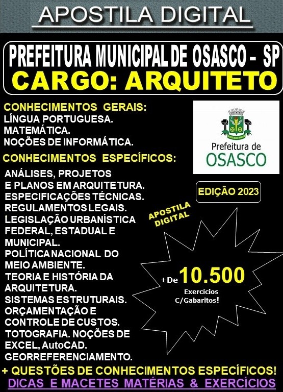Apostila Prefeitura de OSASCO -  ARQUITETO - Teoria + 10.500 Exercícios - Concurso 2023