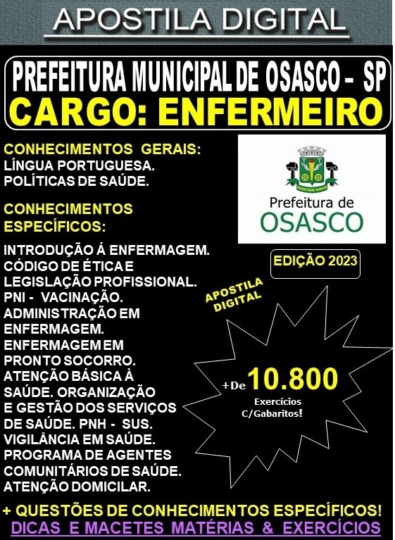 Apostila Prefeitura de OSASCO - ENFERMEIRO - Teoria + 10.800 Exercícios - Concurso 2023