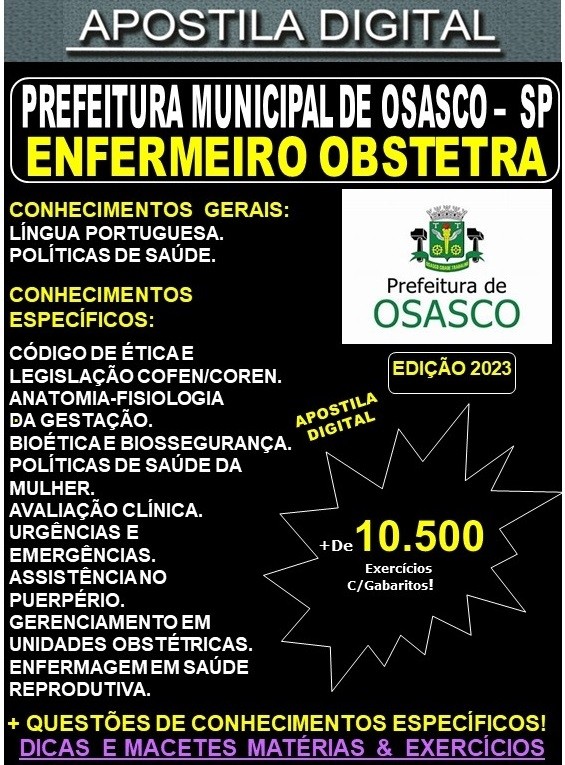 Apostila Prefeitura de OSASCO - ENFERMEIRO OBSTETRA -  Teoria + 10.500 Exercícios - Concurso 2023