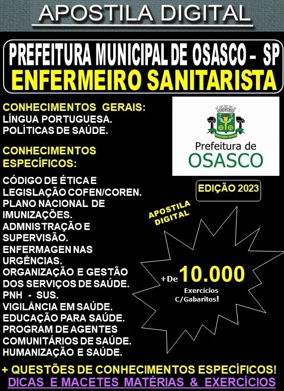 Apostila Prefeitura de OSASCO - ENFERMEIRO SANITARISTA  -  Teoria + 10.000 Exercícios - Concurso 2023