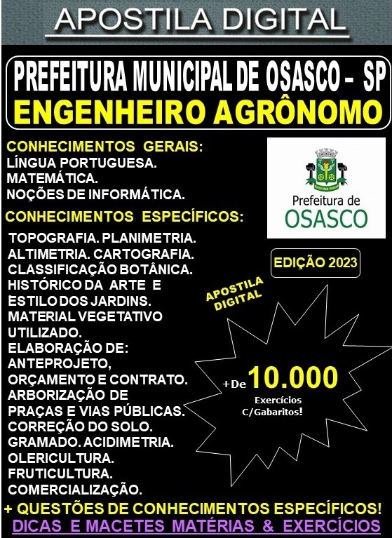Apostila Prefeitura de OSASCO -  ENGENHEIRO AGRÔNOMO - Teoria + 10.000 Exercícios - Concurso 2023