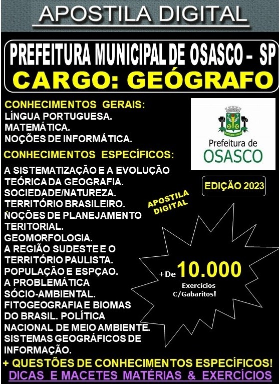 Apostila Prefeitura de OSASCO - GEÓGRAFO - Teoria + 10.000 Exercícios - Concurso 2023