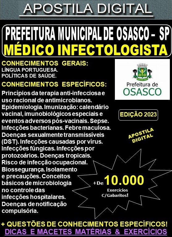 Apostila Prefeitura de OSASCO - MÉDICO INFECTOLOGISTA - Teoria + 10.000 Exercícios - Concurso 2023