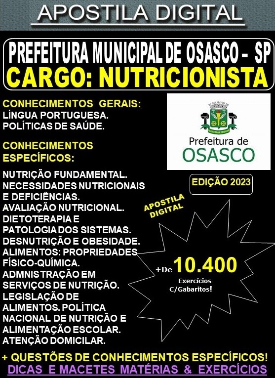 Apostila Prefeitura de OSASCO - NUTRICIONISTA  -  Teoria + 10.400 Exercícios - Concurso 2023