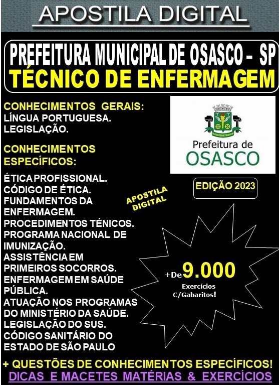 Apostila Prefeitura de OSASCO - TÉCNICO de ENFERMAGEM - Teoria + 9.000 Exercícios - Concurso 2023