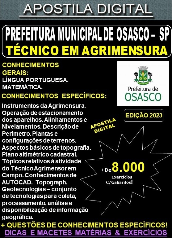 Apostila Prefeitura de OSASCO - TÉCNICO em AGRIMENSURA- Teoria + 8.000 Exercícios - Concurso 2023