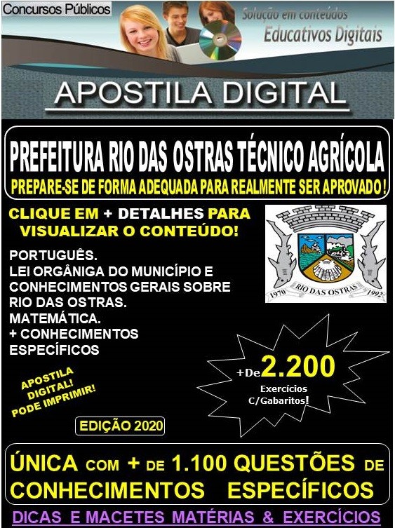 Apostila PREFEITURA DE RIO DAS OSTRAS  -  TÉCNICO AGRÍCOLA  - Teoria + 2.200 Exercícios - Concurso 2020