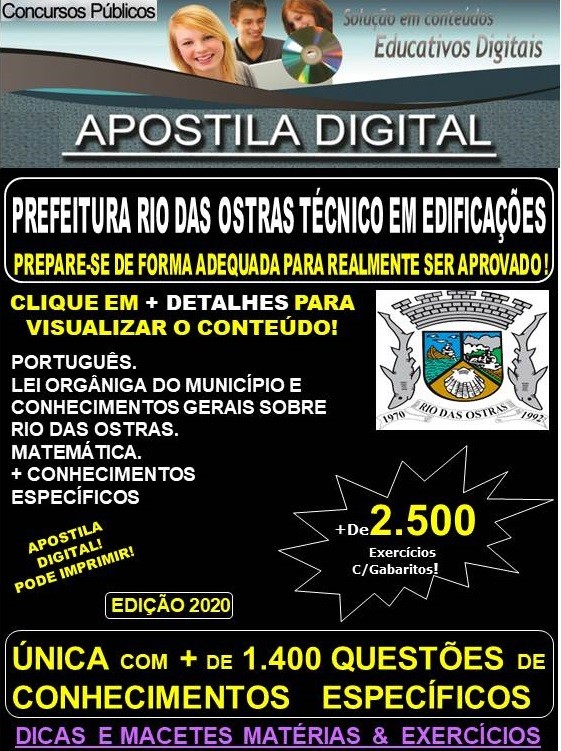 Apostila PREFEITURA DE RIO DAS OSTRAS  -  TÉCNICO EM EDIFICAÇÕES  - Teoria + 2.500 Exercícios - Concurso 2020