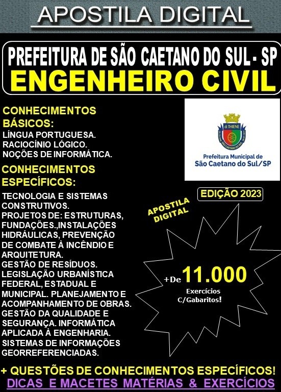Apostila Pref São Caetano do Sul - ENGENHEIRO CIVIL - Teoria + 11.000 Exercícios - Concurso 2023