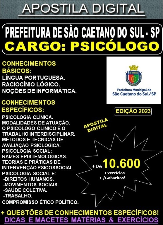 Apostila Pref São Caetano do Sul - PSICÓLOGO - Teoria + 10.600 Exercícios - Concurso 2023