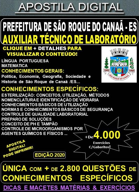 Apostila Prefeitura de São Roque do Canaã ES - AUXILIAR TÉCNICO de LABORATÓRIO - Teoria + 4.000 Exercícios - Concurso 2020