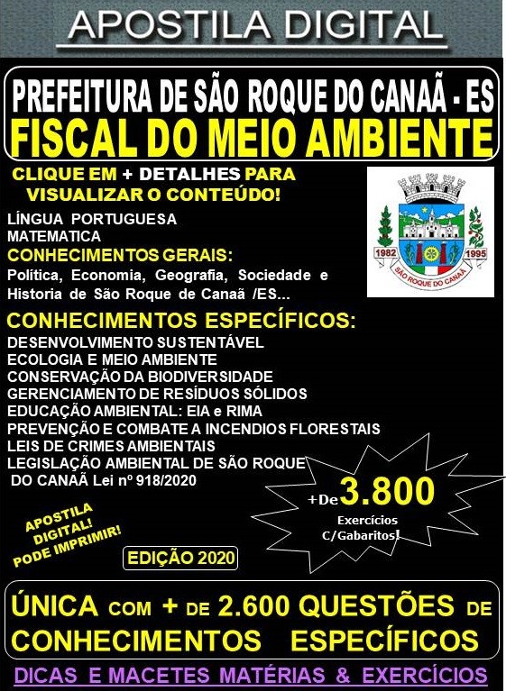 Apostila Prefeitura de São Roque do Canaã ES - FISCAL do MEIO AMBIENTE - Teoria + 3.800 Exercícios - Concurso 2020