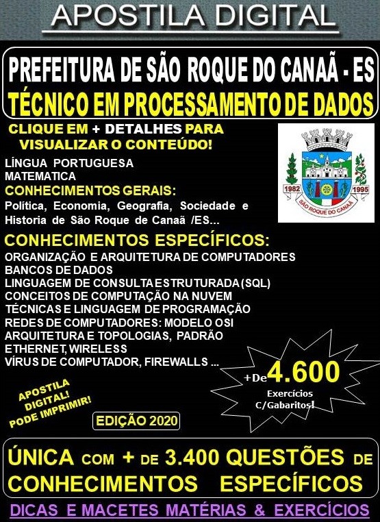 Apostila Prefeitura de São Roque do Canaã ES - TÉCNICO em PROCESSAMENTO de DADOS - Teoria + 4.600 Exercícios - Concurso 2020