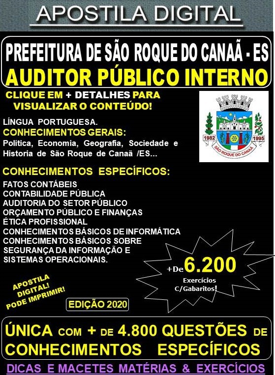 Apostila Prefeitura de São Roque do Canaã ES - AUDITOR PÚBLICO INTERNO - Teoria + 6.200 Exercícios - Concurso 2020
