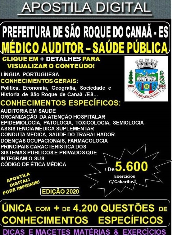 Apostila Prefeitura de São Roque do Canaã ES - MÉDICO AUDITOR - SAÚDE PÚBLICA - Teoria + 5.600 Exercícios - Concurso 2020