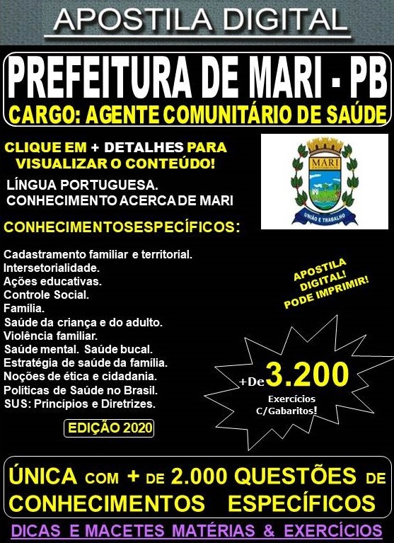 Apostila PREFEITURA de MARI PB - AGENTE COMUNITÁRIO DE SAÚDE - Teoria + 3.200 Exercícios - Concurso 2020