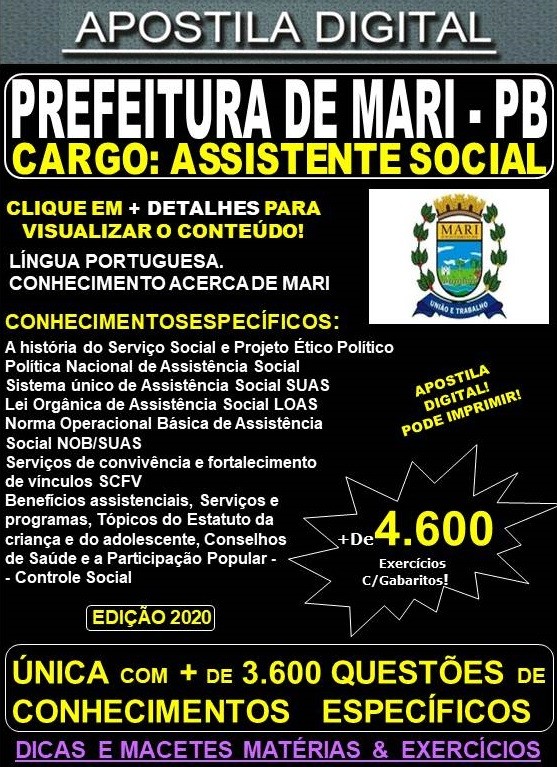 Apostila PREFEITURA de MARI PB - ASSISTENTE SOCIAL - Teoria + 4.600 Exercícios - Concurso 2020