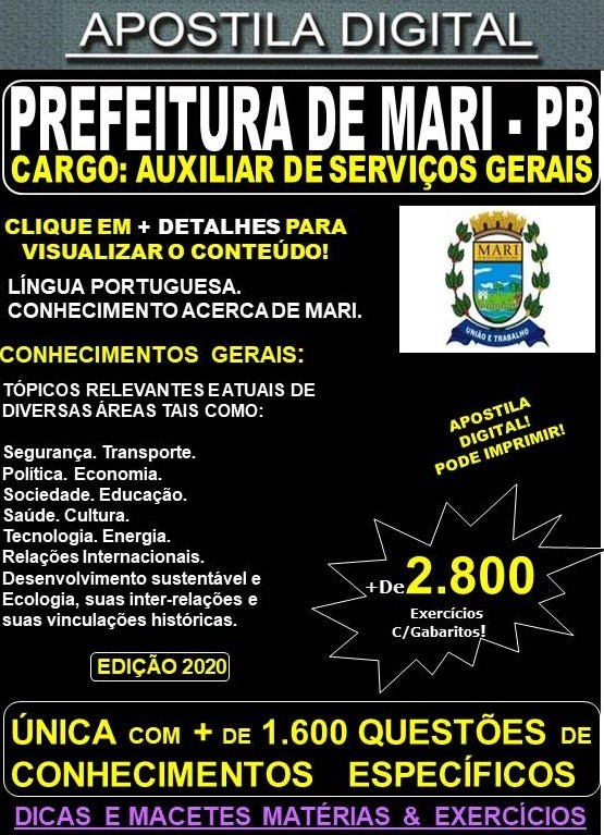 Apostila PREFEITURA de MARI PB - AUXILIAR DE SERVIÇOS GERAIS - Teoria + 2.800 Exercícios - Concurso 2020