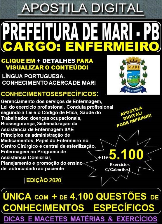 Apostila PREFEITURA de MARI PB - ENFERMEIRO - Teoria + 5.100 Exercícios - Concurso 2020