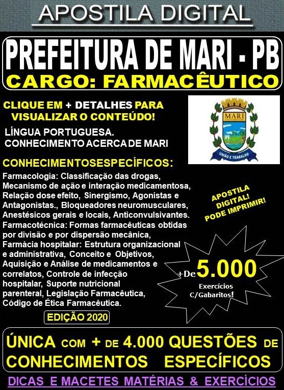 Apostila PREFEITURA de MARI PB - FARMACÊUTICO - Teoria + 5.000 Exercícios - Concurso 2020