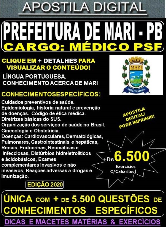 Apostila PREFEITURA de MARI PB - MÉDICO PSF - Teoria + 6.500 Exercícios - Concurso 2020