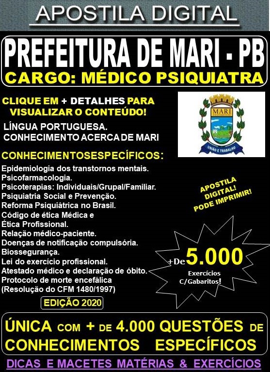 Apostila PREFEITURA de MARI PB - MÉDICO PSIQUIATRA - Teoria + 5.000 Exercícios - Concurso 2020