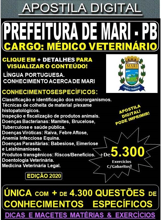 Apostila PREFEITURA de MARI PB - MÉDICO VETERINÁRIO - Teoria + 5.300 Exercícios - Concurso 2020