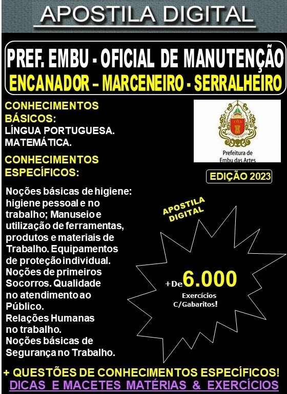 Apostila PREF EMBU - Oficial de Manutenção - ENCANADOR, MARCENEIRO, SERRALHEIRO - Teoria + 6.000 Exercícios - Concurso 2023