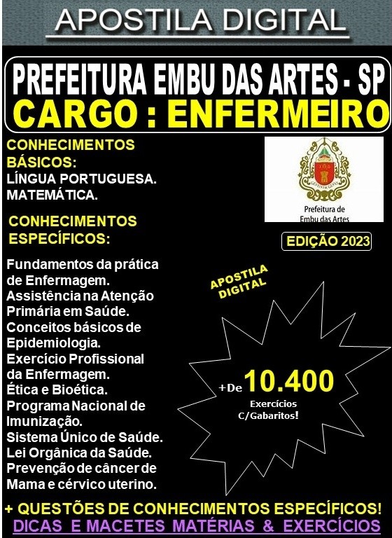 Apostila PREF EMBU - ENFERMEIRO - Teoria + 10.400 Exercícios - Concurso 2023