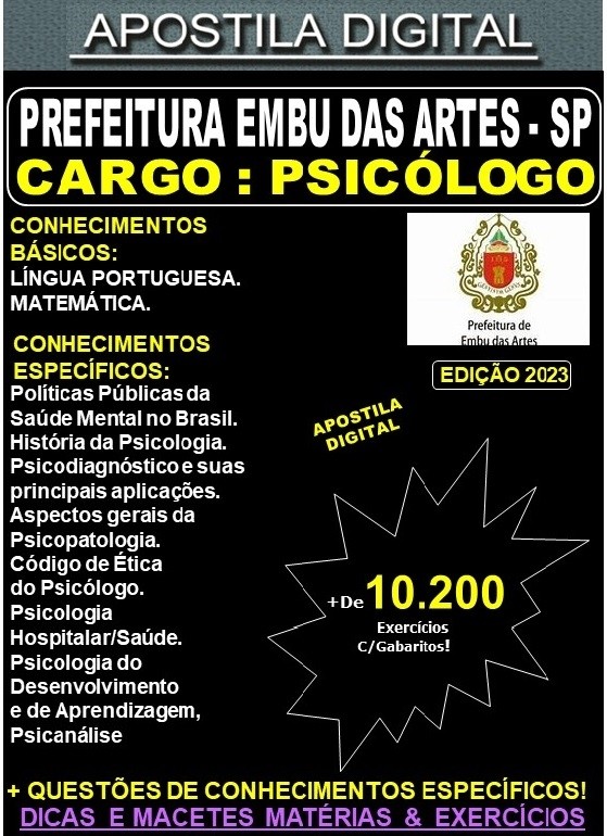 Apostila PREF EMBU - PSICÓLOGO - Teoria + 10.200 Exercícios - Concurso 2023