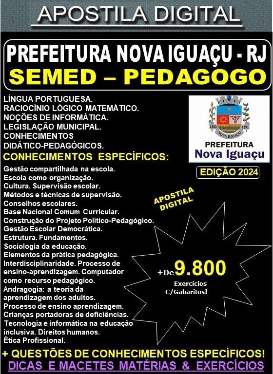 Apostila PREF NOVA IGUAÇU - PEDAGOGO - Teoria + 9.800 Exercícios - Concurso 2024