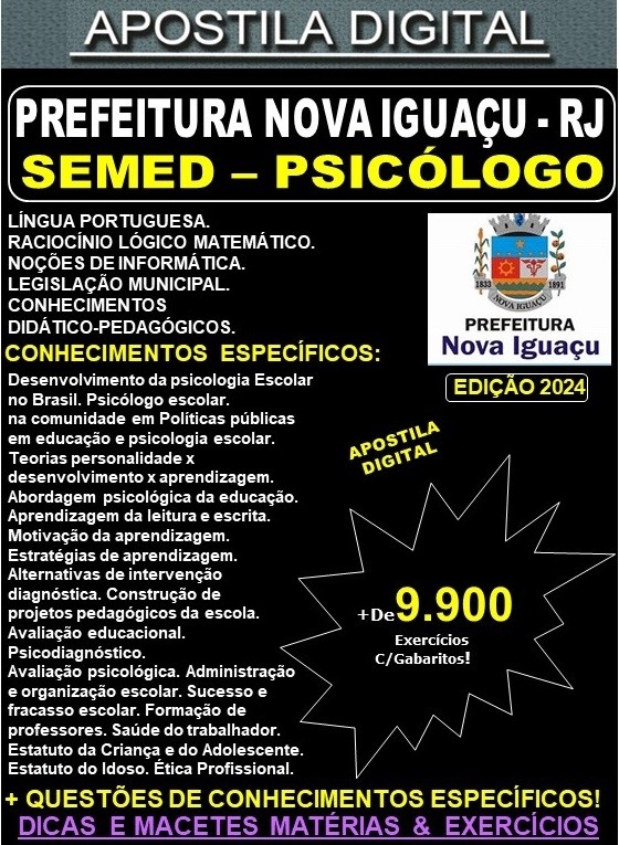 Apostila PREF NOVA IGUAÇU - PSICÓLOGO - Teoria + 9.900 Exercícios - Concurso 2024