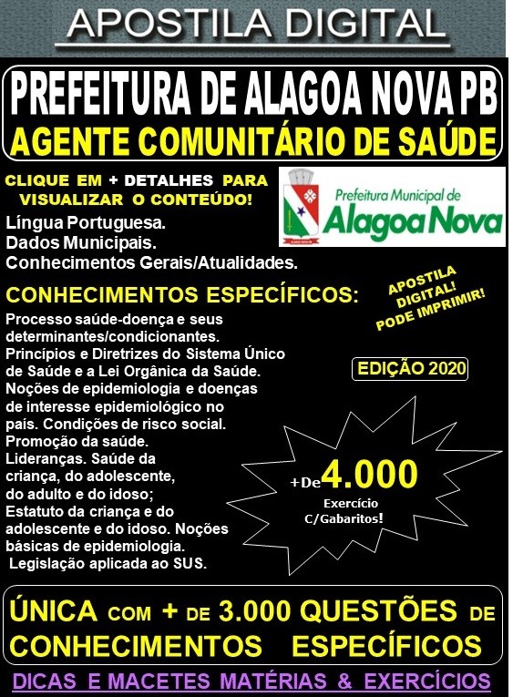 Apostila Prefeitura de ALAGOA NOVA PB - AGENTE COMUNITÁRIO DE SAÚDE  - Teoria + 4.000 Exercícios - Concurso 2020