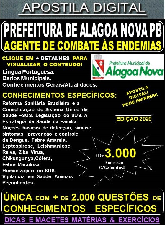 Apostila Prefeitura de ALAGOA NOVA PB - AGENTE DE COMBATE ÀS ENDEMIAS  - Teoria + 3.000 Exercícios - Concurso 2020