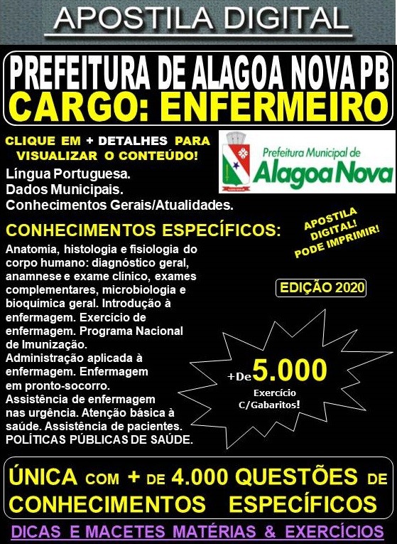 Apostila Prefeitura de ALAGOA NOVA PB - ENFERMEIRO - Teoria + 5.000 Exercícios - Concurso 2020