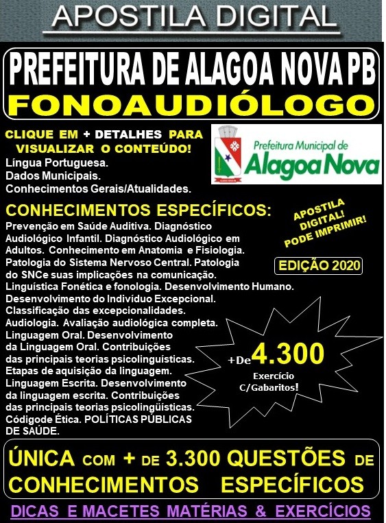 Apostila Prefeitura de ALAGOA NOVA PB - FONOAUDIÓLOGO - Teoria + 4.300 Exercícios - Concurso 2020