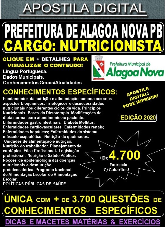Apostila Prefeitura de ALAGOA NOVA PB - NUTRICIONISTA - Teoria + 4.700 Exercícios - Concurso 2020