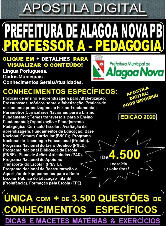 Apostila Prefeitura de ALAGOA NOVA PB - Professor A - PEDAGOGIA - Teoria + 4.500 Exercícios - Concurso 2020